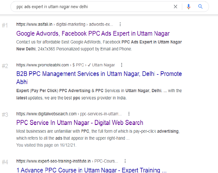 Google results page for "ppc ads expert in uttam nagar new delhi"