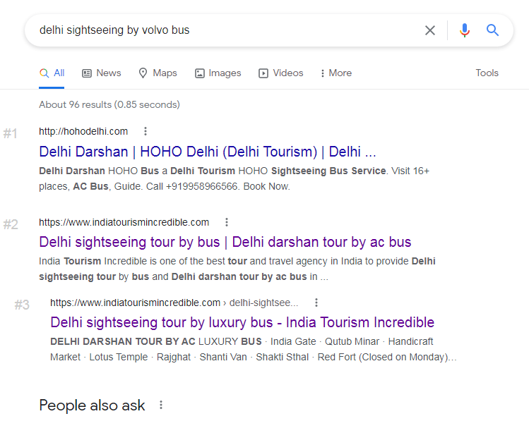 Google results page for "delhi sightseeing by volvo bus"